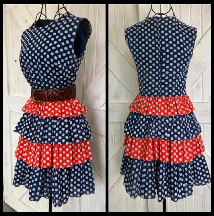 70's Vintage Saks Fifth Avenue Red White Blue Polka Dot Tier Mini GoGo Dress