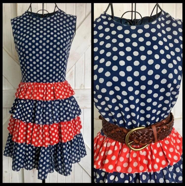 70's Vintage Saks Fifth Avenue Red White Blue Polka Dot Tier Mini GoGo Dress