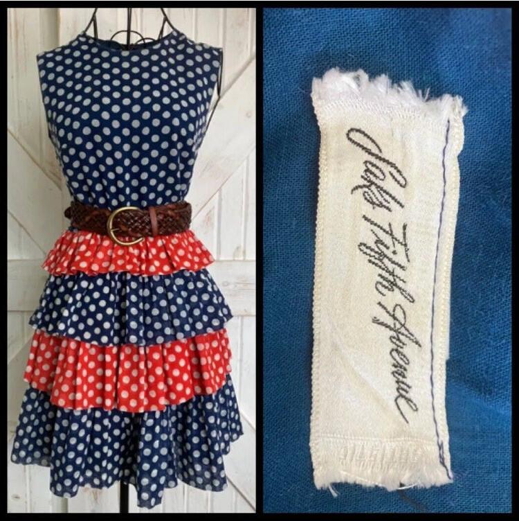 70's Vintage Saks Fifth Avenue Red White Blue Polka Dot Tier Mini GoGo Dress