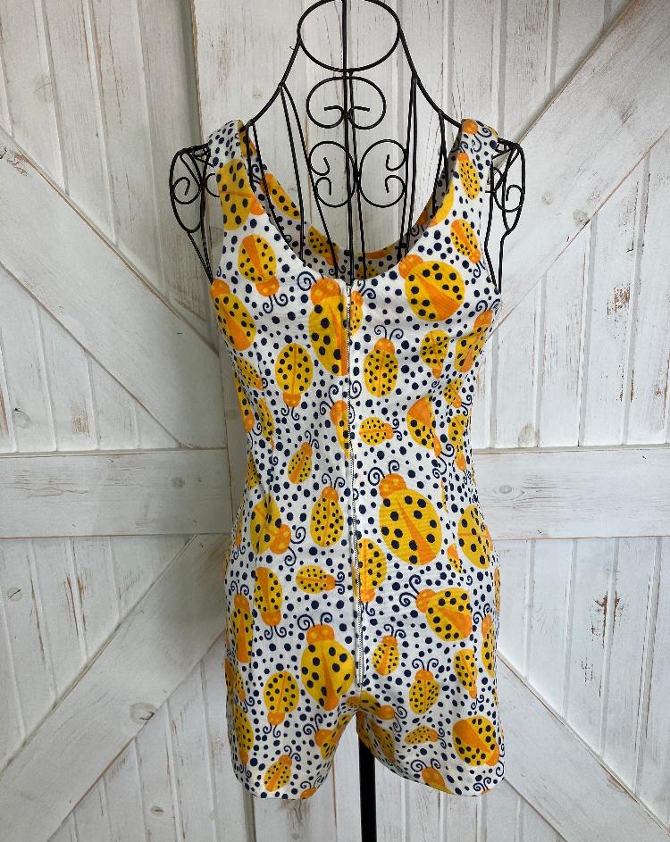 60's Vintage White Yellow Blue Polka Dot Novelty Ladybug Playsuit Romper Swim