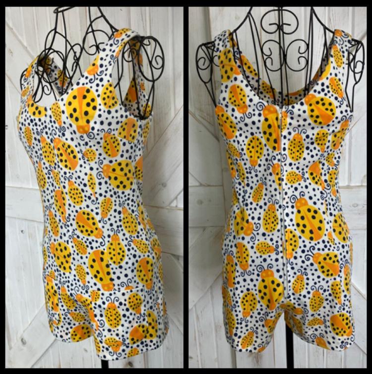 60's Vintage White Yellow Blue Polka Dot Novelty Ladybug Playsuit Romper Swim