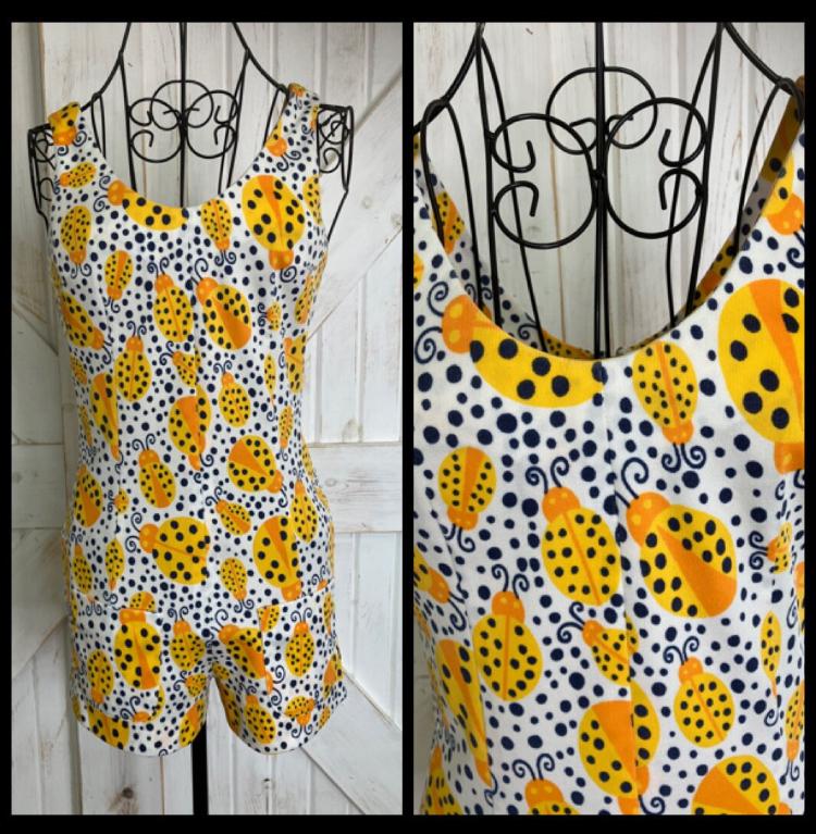 60's Vintage White Yellow Blue Polka Dot Novelty Ladybug Playsuit Romper Swim