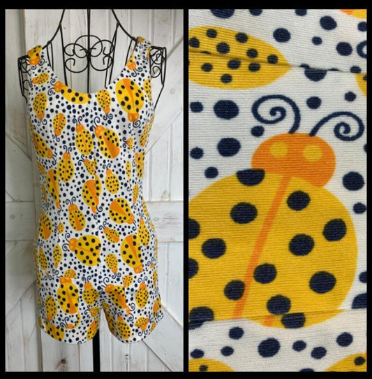 60's Vintage White Yellow Blue Polka Dot Novelty Ladybug Playsuit Romper Swim