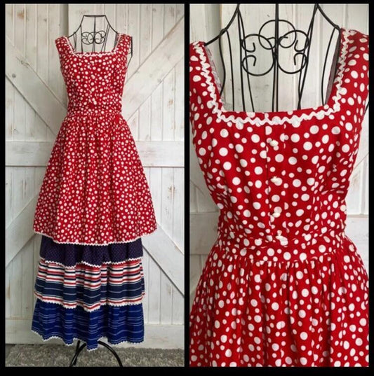 70s Vintage Handmade Red White Blue Polka Dot Stripe Americana Prairie Sundress Maxi Dress