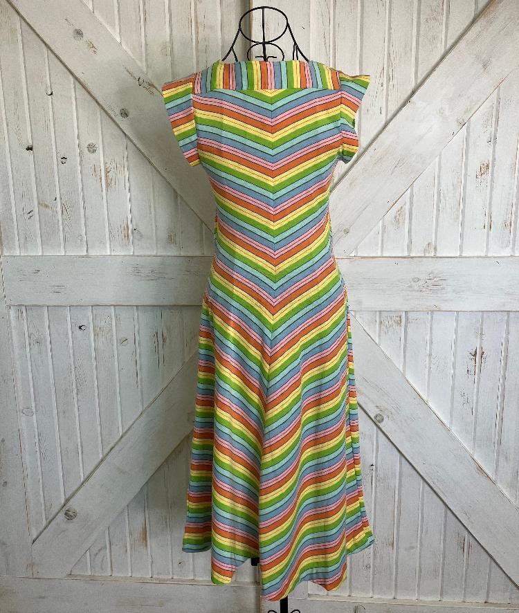 80's Vintage Sears Junior Bazaar Rainbow Pink Blue Green Chevron Stripe Scooter Day Midi Dress