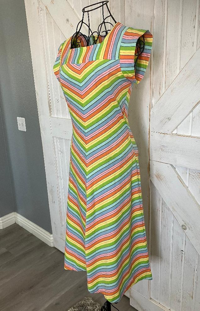 80's Vintage Sears Junior Bazaar Rainbow Pink Blue Green Chevron Stripe Scooter Day Midi Dress