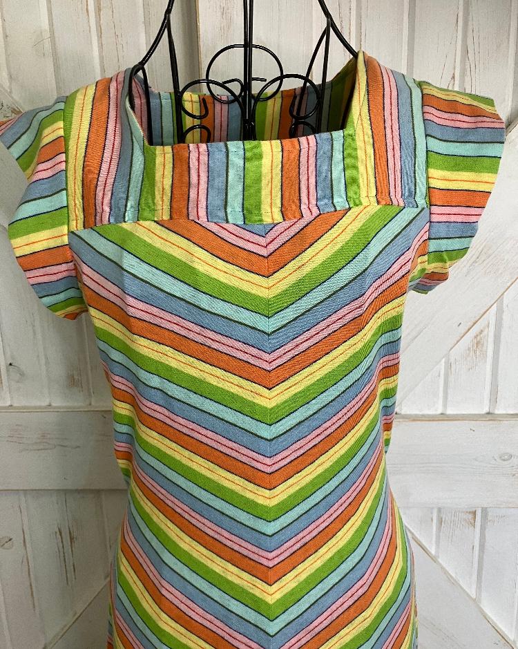 80's Vintage Sears Junior Bazaar Rainbow Pink Blue Green Chevron Stripe Scooter Day Midi Dress