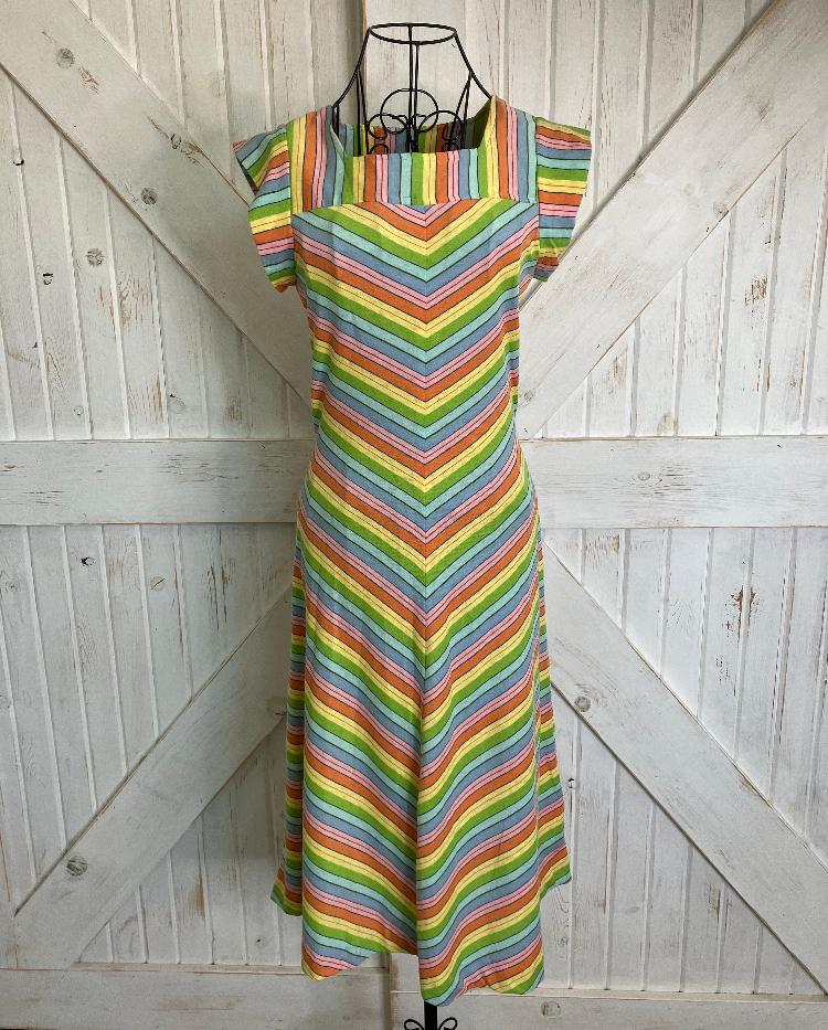 80's Vintage Sears Junior Bazaar Rainbow Pink Blue Green Chevron Stripe Scooter Day Midi Dress