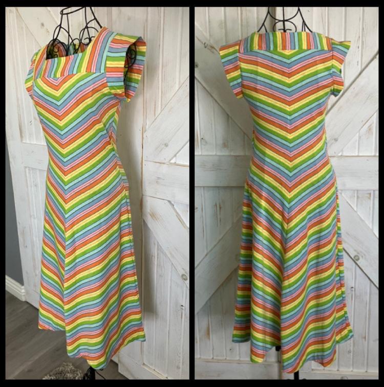 80's Vintage Sears Junior Bazaar Rainbow Pink Blue Green Chevron Stripe Scooter Day Midi Dress