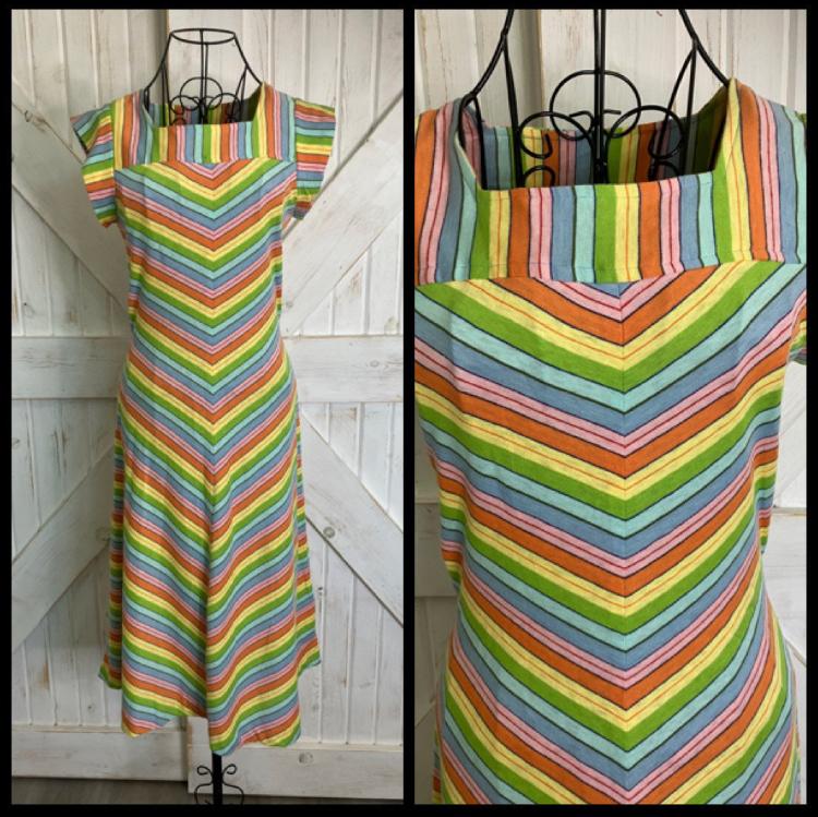 80's Vintage Sears Junior Bazaar Rainbow Pink Blue Green Chevron Stripe Scooter Day Midi Dress