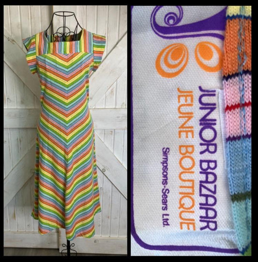 80's Vintage Sears Junior Bazaar Rainbow Pink Blue Green Chevron Stripe Scooter Day Midi Dress