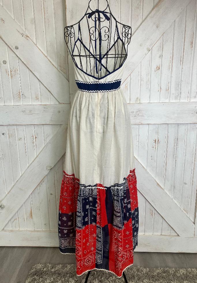 70's Vintage Jerell of Texas Red White Blue Bandana Western Prairie Halter Maxi Sundress Dress