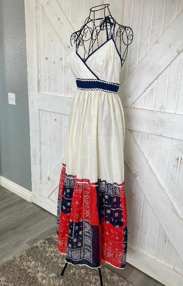 70's Vintage Jerell of Texas Red White Blue Bandana Western Prairie Halter Maxi Sundress Dress