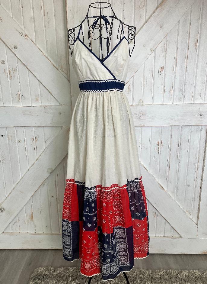 70's Vintage Jerell of Texas Red White Blue Bandana Western Prairie Halter Maxi Sundress Dress