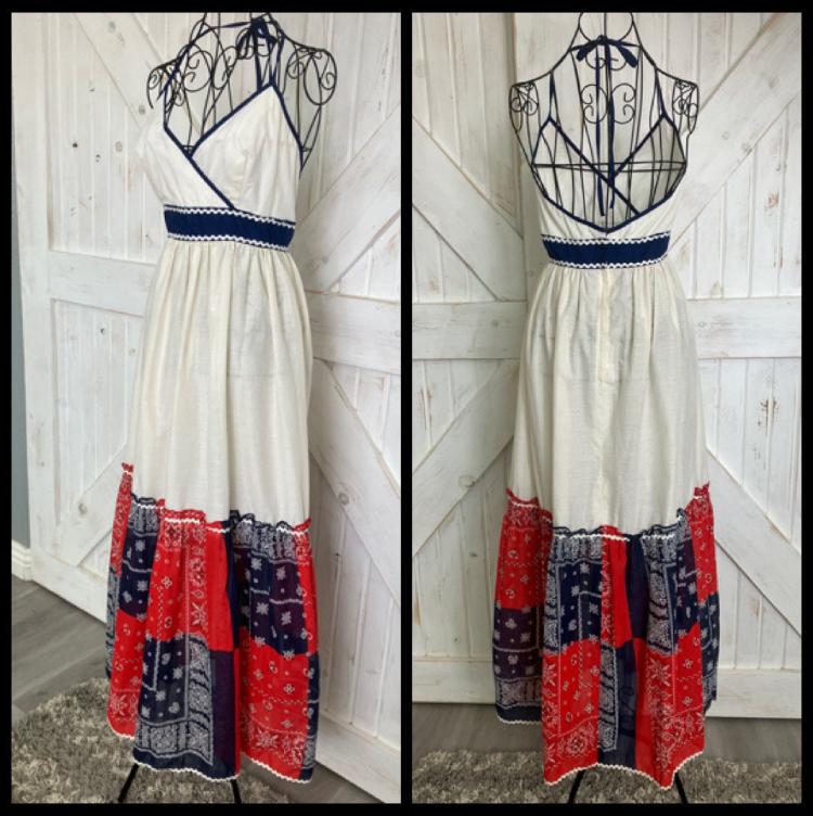 70's Vintage Jerell of Texas Red White Blue Bandana Western Prairie Halter Maxi Sundress Dress