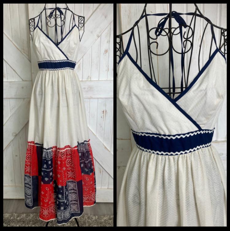 70's Vintage Jerell of Texas Red White Blue Bandana Western Prairie Halter Maxi Sundress Dress