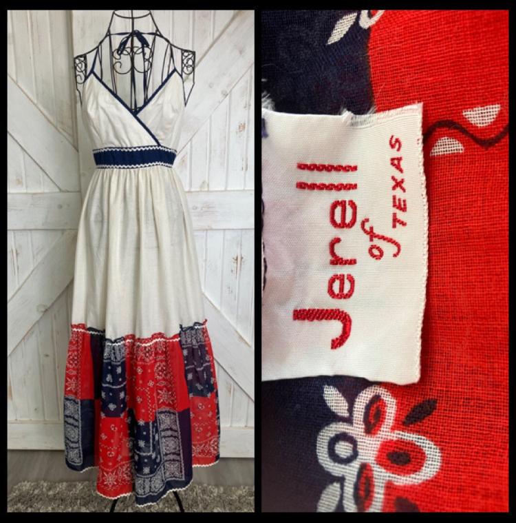 70's Vintage Jerell of Texas Red White Blue Bandana Western Prairie Halter Maxi Sundress Dress