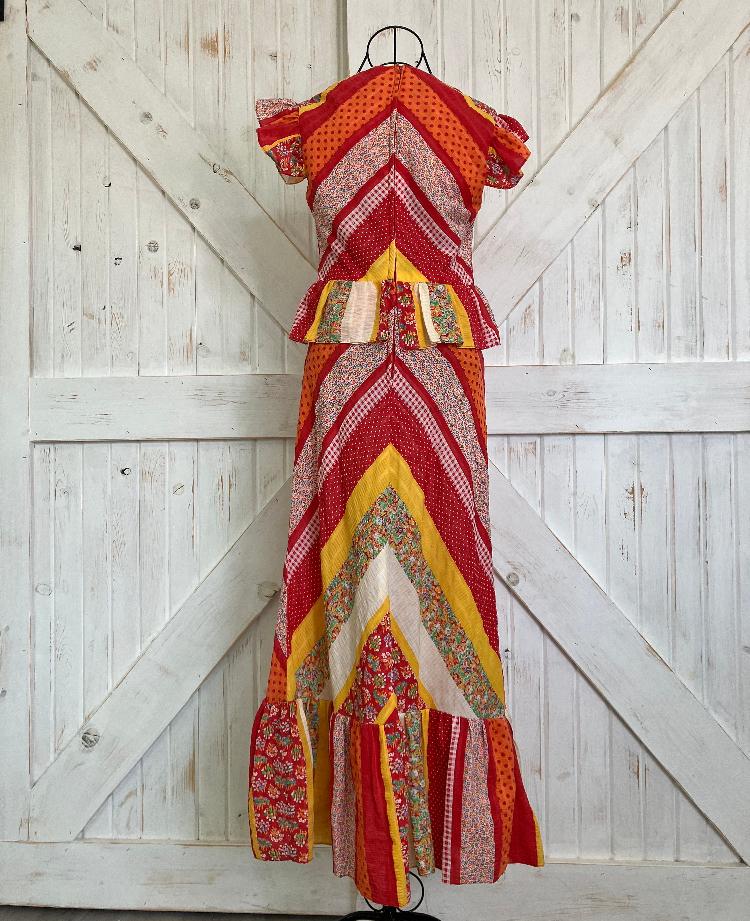 70's Vintage Rag Dolls by Kressandra Red Orange Yellow Chevron Stripe Gingham Calico Peplum Hippie Midi Dress