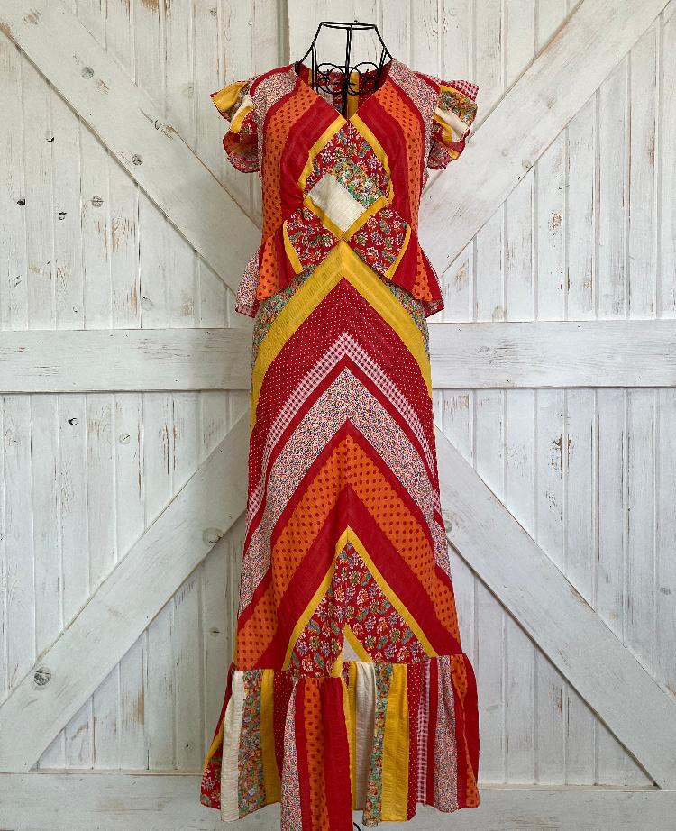 70's Vintage Rag Dolls by Kressandra Red Orange Yellow Chevron Stripe Gingham Calico Peplum Hippie Midi Dress