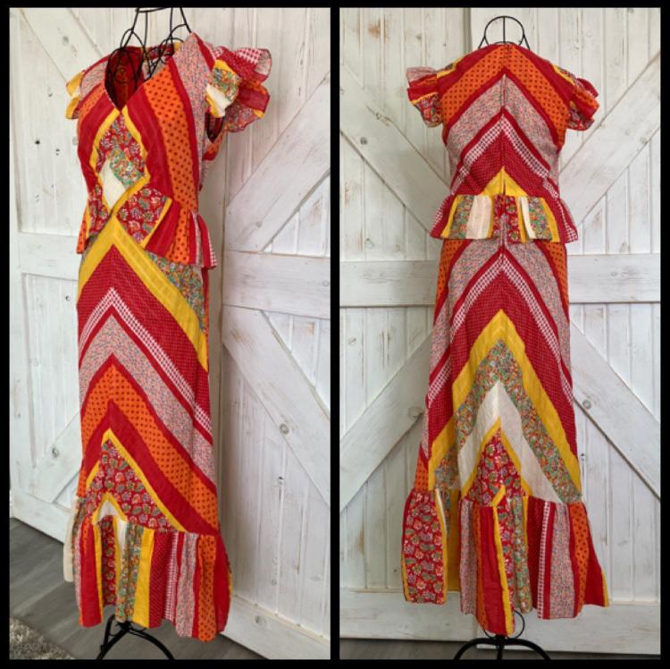 70's Vintage Rag Dolls by Kressandra Red Orange Yellow Chevron Stripe Gingham Calico Peplum Hippie Midi Dress