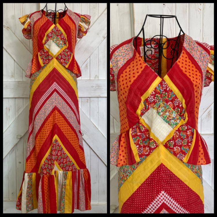 70's Vintage Rag Dolls by Kressandra Red Orange Yellow Chevron Stripe Gingham Calico Peplum Hippie Midi Dress