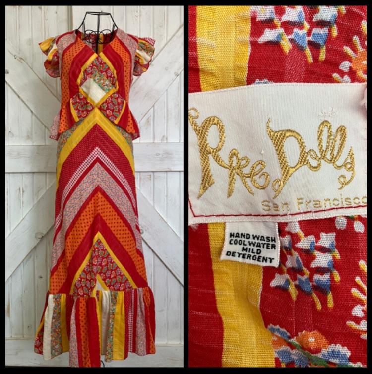 70's Vintage Rag Dolls by Kressandra Red Orange Yellow Chevron Stripe Gingham Calico Peplum Hippie Midi Dress