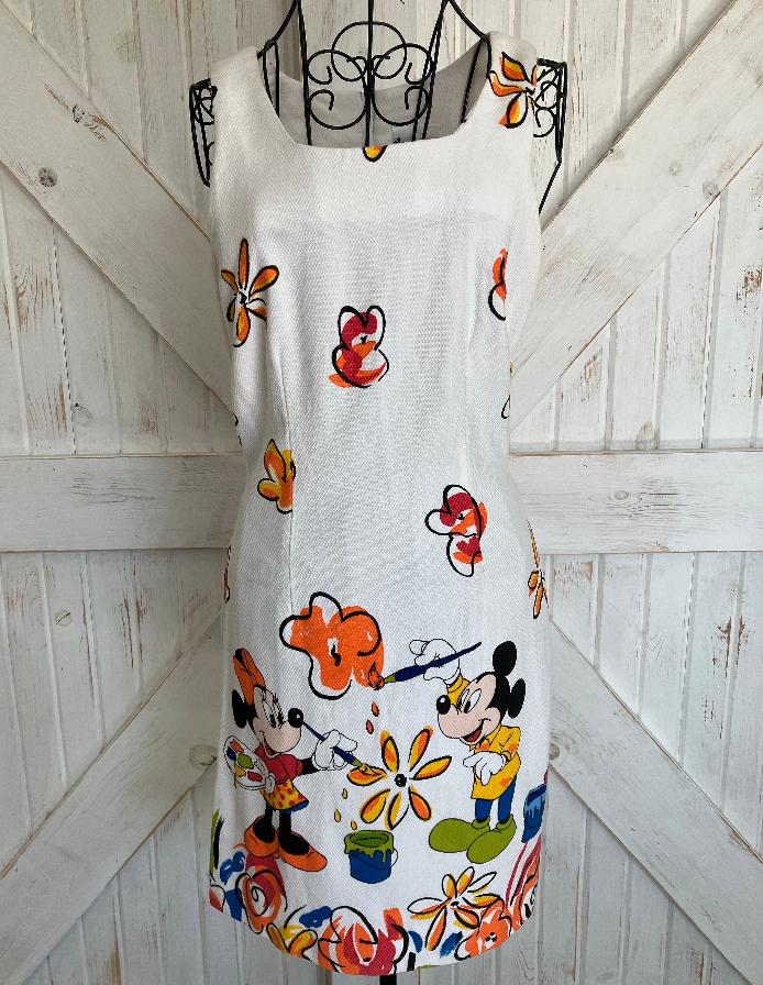 90's Vintage Walt Disney World Parks Rainbow White Mickey Minnie Mouse Paint Flower Mini Sheath Sundress Dress S