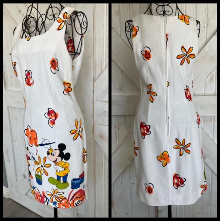 90's Vintage Walt Disney World Parks Rainbow White Mickey Minnie Mouse Paint Flower Mini Sheath Sundress Dress S