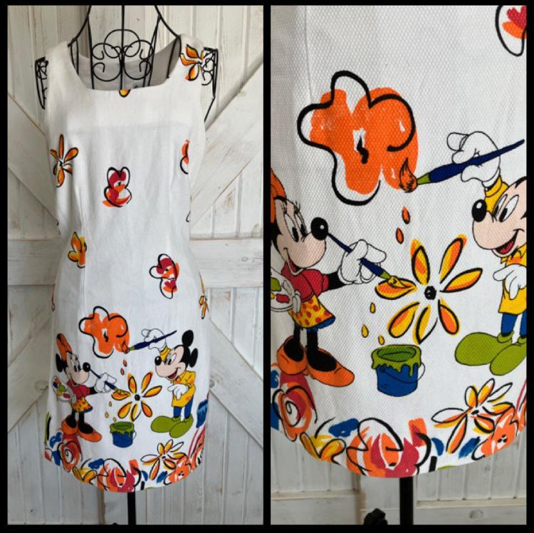 90's Vintage Walt Disney World Parks Rainbow White Mickey Minnie Mouse Paint Flower Mini Sheath Sundress Dress S