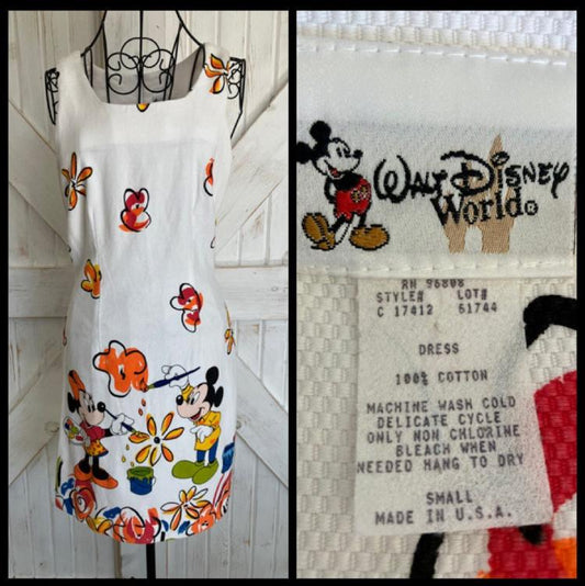 90's Vintage Walt Disney World Parks Rainbow White Mickey Minnie Mouse Paint Flower Mini Sheath Sundress Dress S