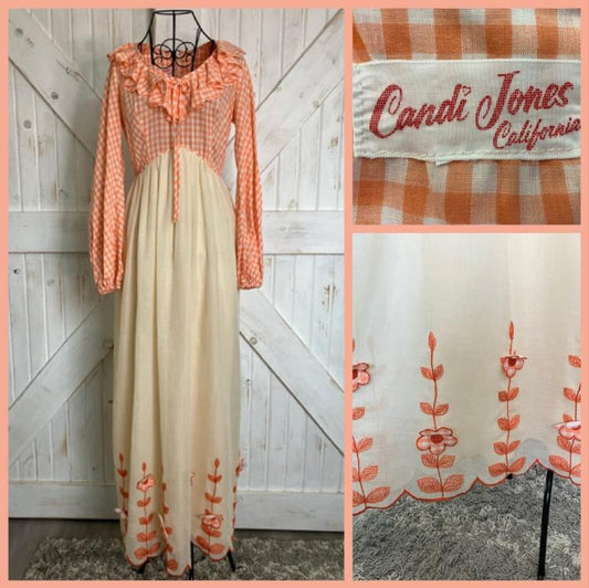 70's Vintage Candi Jones California Peach Orange White Gingham Floral Maxi Prairie Dress