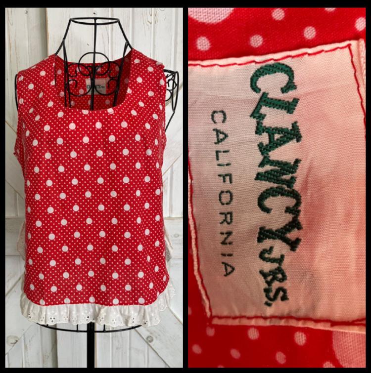 70's Vintage Clancy Jrs California Red White Polka Dot Twiggy Marsha Tank Top Blouse Shirt