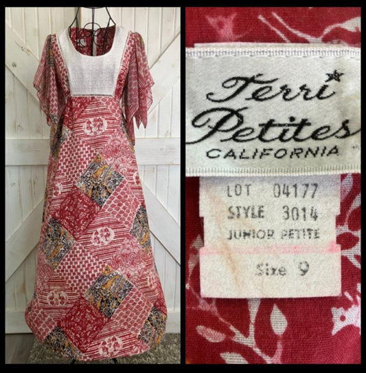 70's Vintage Terri Petites California Red White Black Yellow Batik Bird Print Hippie Handkerchief Sleeve Maxi Dress