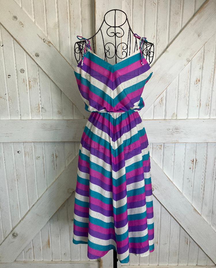 80's Vintage Chevron Stripe Pink White Purple Teal Shoulder Ties Sundress Dress w/ Belt