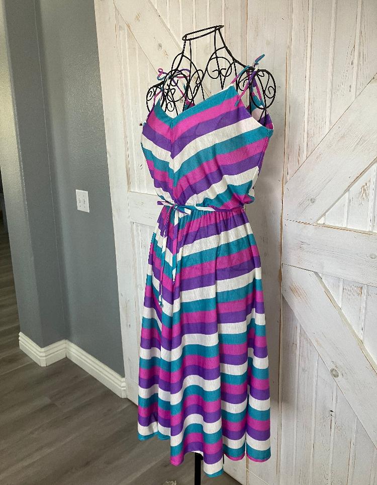 80's Vintage Chevron Stripe Pink White Purple Teal Shoulder Ties Sundress Dress w/ Belt