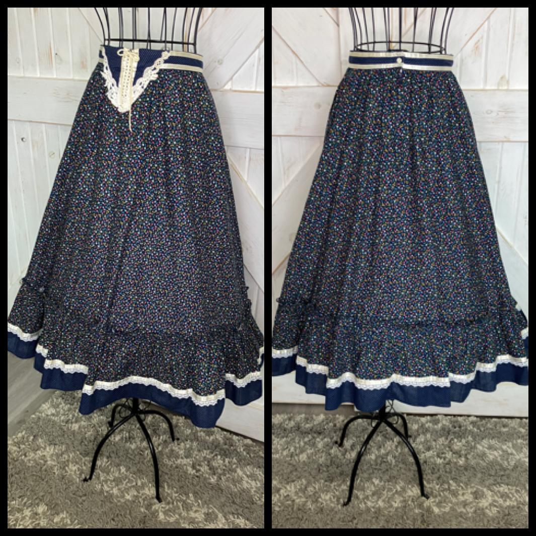 70's Vintage Gunne Sax Jessica's Gunnies Blue White Rainbow Calico Polka Dot Corset Prairie Midi Skirt 9 *FLAW