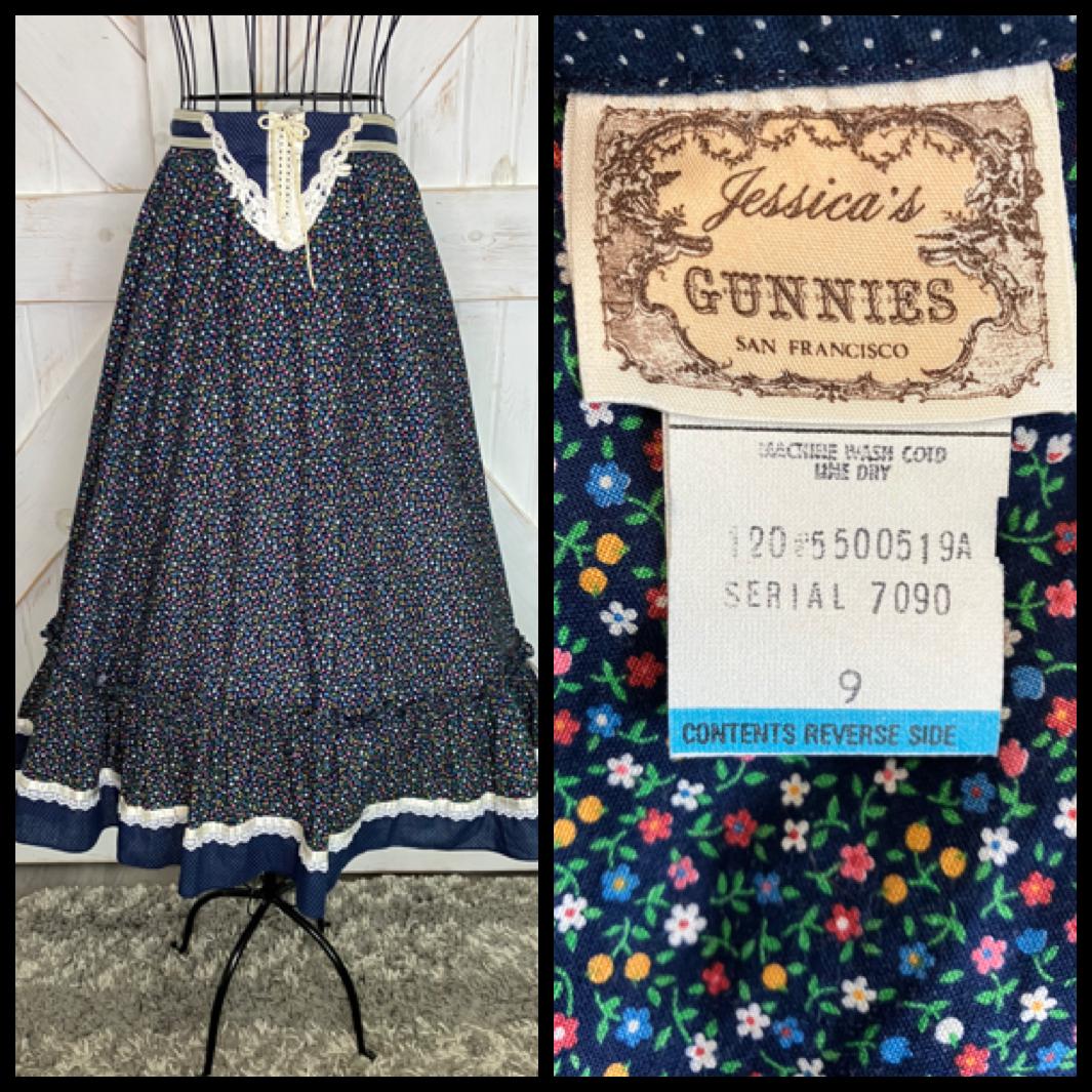 70's Vintage Gunne Sax Jessica's Gunnies Blue White Rainbow Calico Polka Dot Corset Prairie Midi Skirt 9 *FLAW