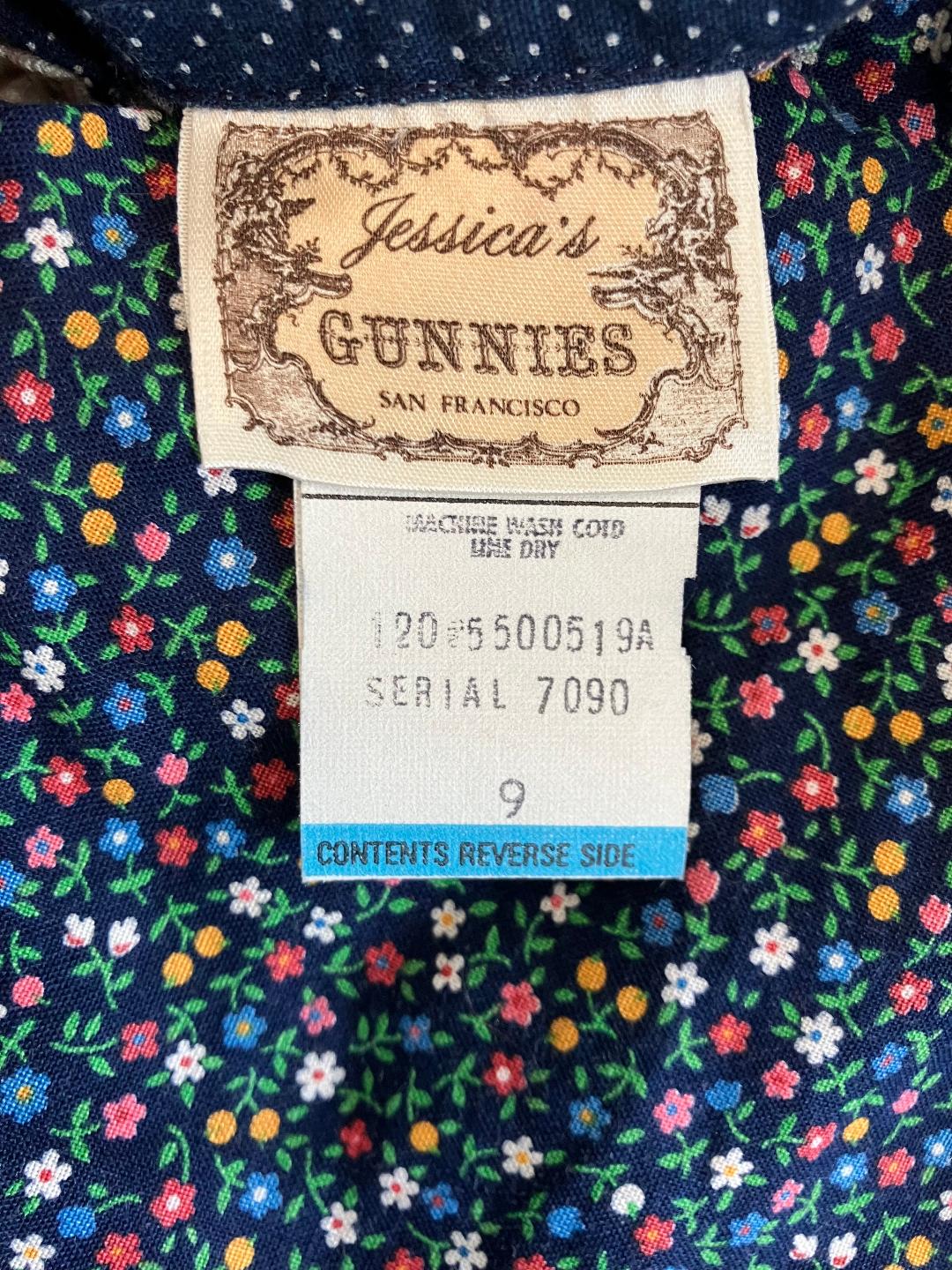 70's Vintage Gunne Sax Jessica's Gunnies Blue White Rainbow Calico Polka Dot Corset Prairie Midi Skirt 9 *FLAW