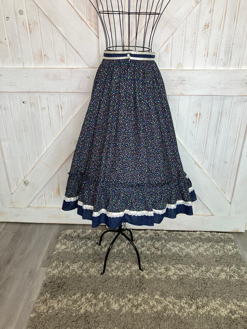 70's Vintage Gunne Sax Jessica's Gunnies Blue White Rainbow Calico Polka Dot Corset Prairie Midi Skirt 9 *FLAW