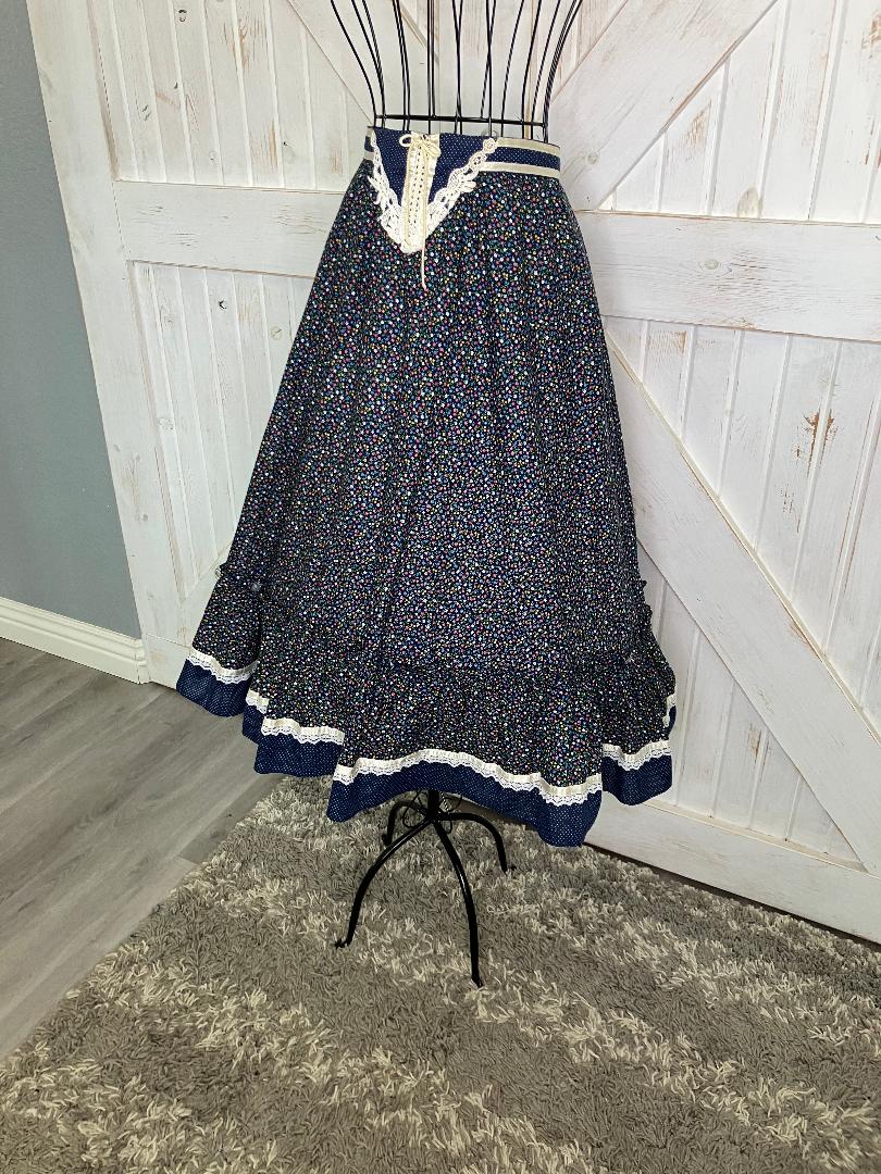70's Vintage Gunne Sax Jessica's Gunnies Blue White Rainbow Calico Polka Dot Corset Prairie Midi Skirt 9 *FLAW