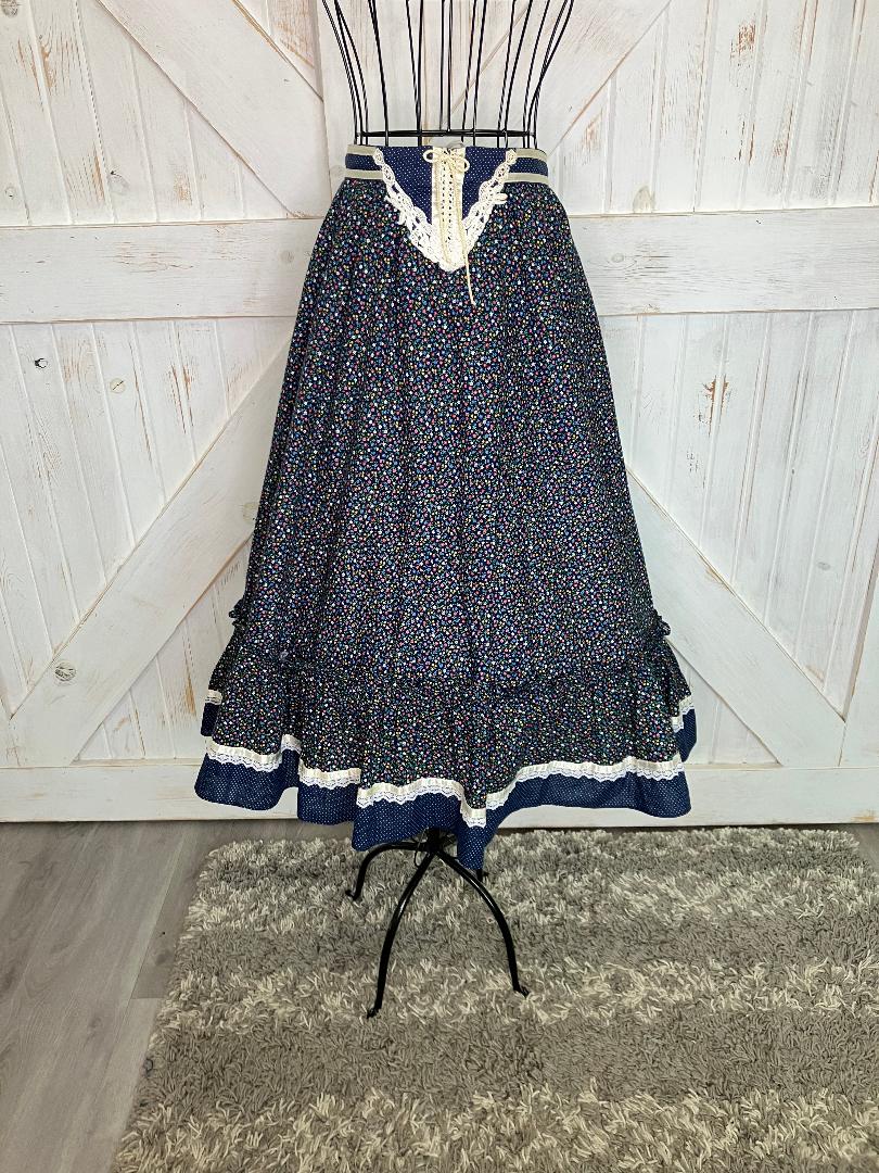 70's Vintage Gunne Sax Jessica's Gunnies Blue White Rainbow Calico Polka Dot Corset Prairie Midi Skirt 9 *FLAW