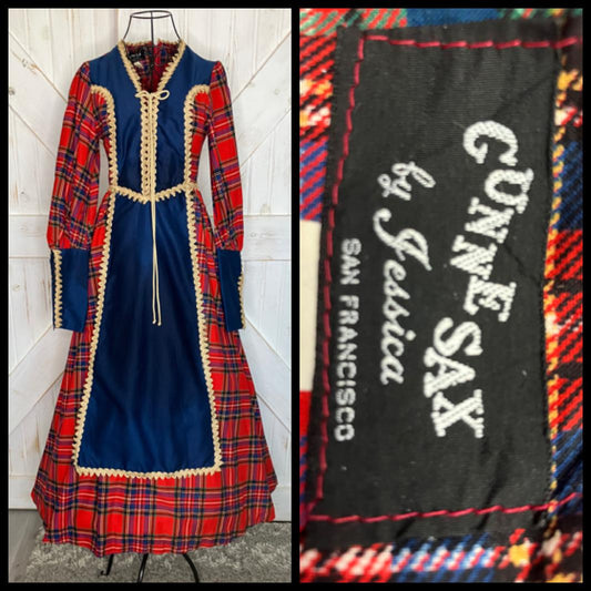 70's Vintage Gunne Sax Back Label Red Blue Tartan Plaid Corset Renaissance Faire Queen Maiden Maxi Dress