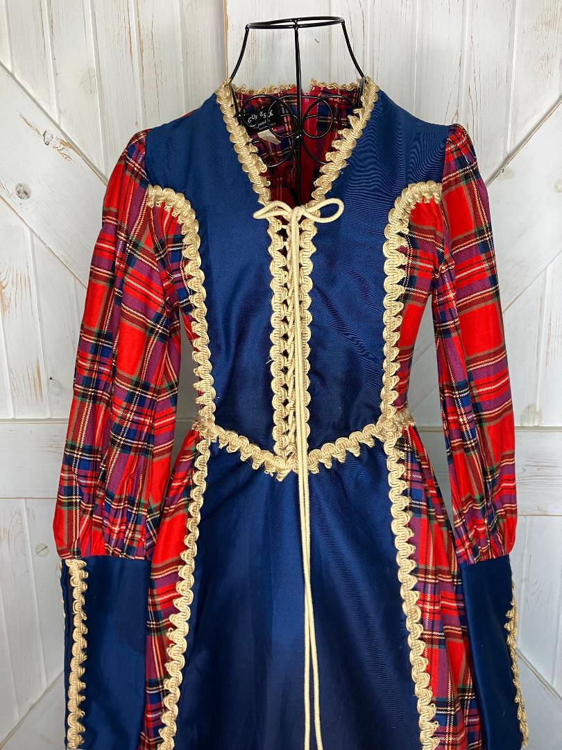 70's Vintage Gunne Sax Back Label Red Blue Tartan Plaid Corset Renaissance Faire Queen Maiden Maxi Dress