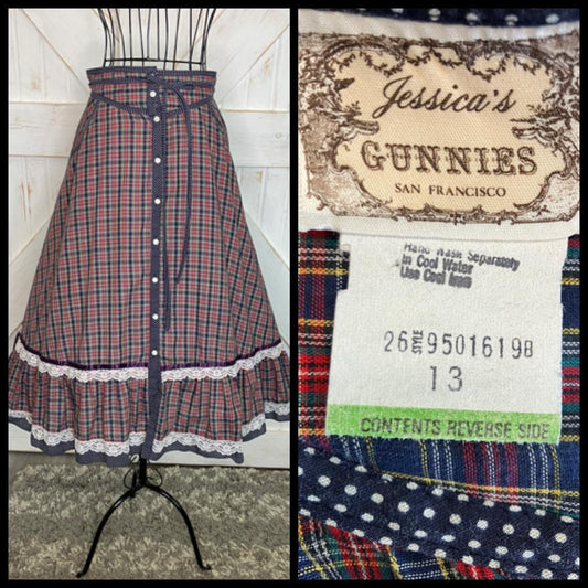 70's Vintage Gunne Sax Jessica's Gunnies Red Blue Rainbow Gingham White Polka Dot Plaid Cowgirl Prairie Midi Skirt 13