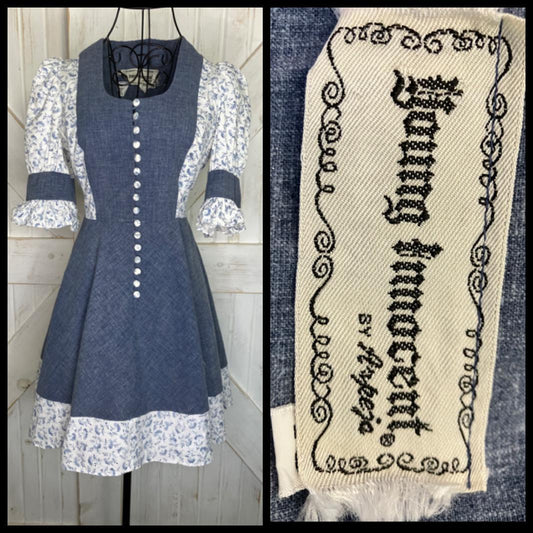 70's Vintage Young Innocent Edwardian Arpeja Blue Chambray White Calico Prairie Dolly Mini Dress 13