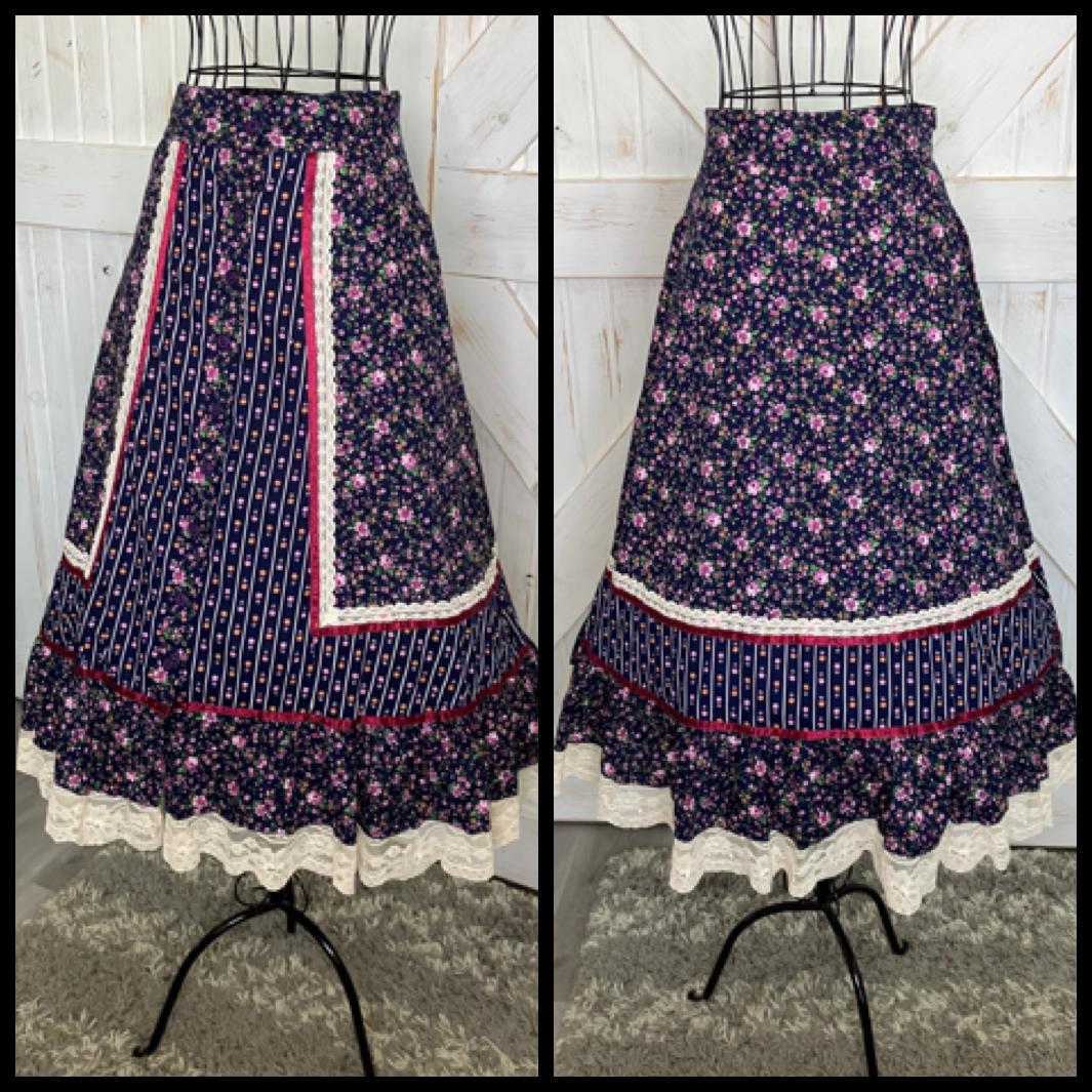 70's Vintage Gunne Sax Jessicas' Gunnies Red Blue Pink Calico Prairie Midi Skirt 9