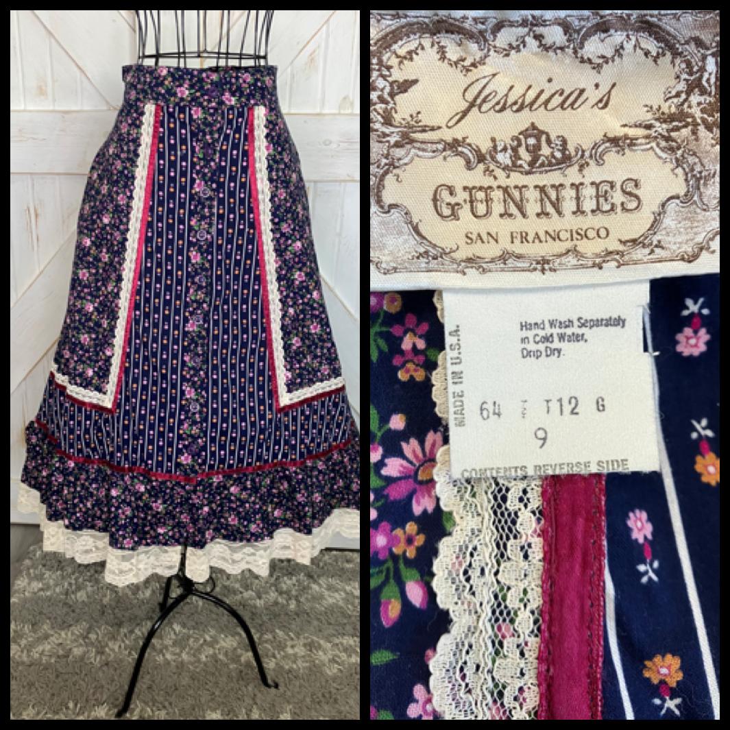70's Vintage Gunne Sax Jessicas' Gunnies Red Blue Pink Calico Prairie Midi Skirt 9