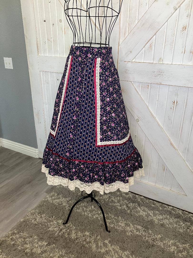 70's Vintage Gunne Sax Jessicas' Gunnies Red Blue Pink Calico Prairie Midi Skirt 9