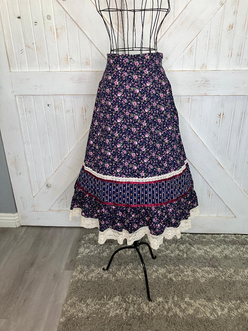 70's Vintage Gunne Sax Jessicas' Gunnies Red Blue Pink Calico Prairie Midi Skirt 9