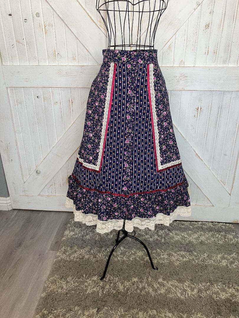 70's Vintage Gunne Sax Jessicas' Gunnies Red Blue Pink Calico Prairie Midi Skirt 9